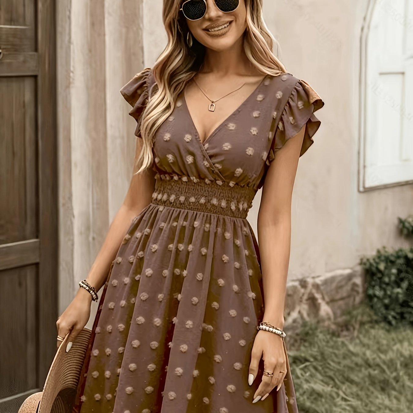 Women's Textured Midi Dress with Shirred Waist and Flutter Sleeves
