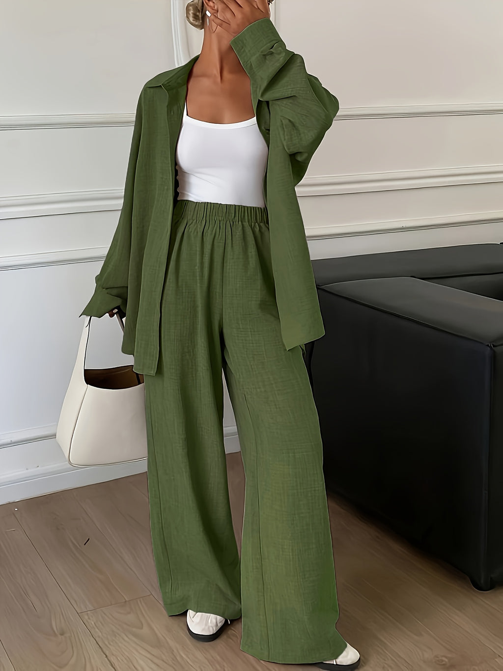 Women's Relaxed Button-Up Shirt and Wide Leg Pants Two-Piece Set