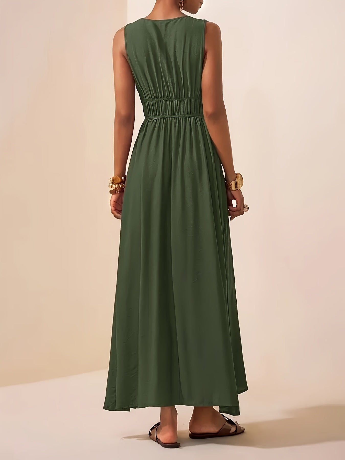 Women’s Flowing Maxi Dress with Beaded Straps and Elegant V-Neck