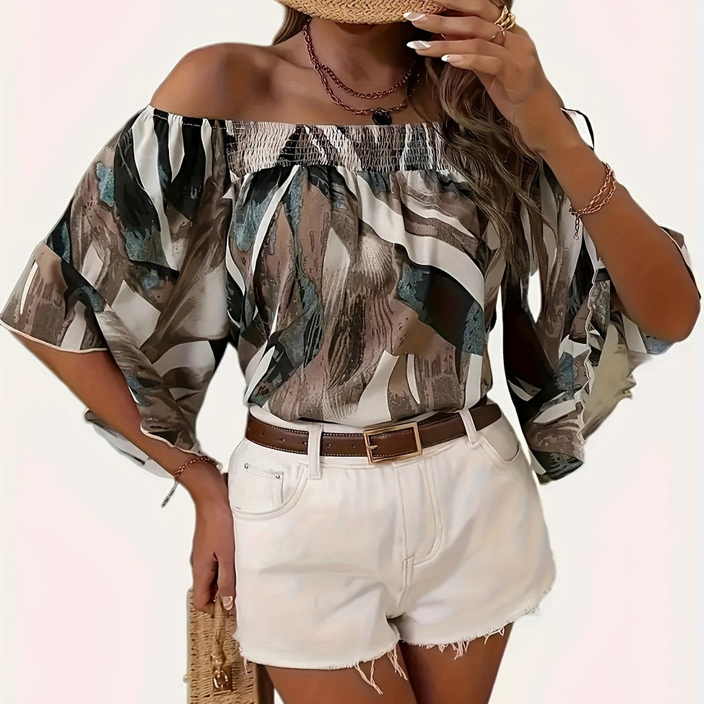 Women’s Off-Shoulder Printed Blouse with Relaxed Flowing Sleeves