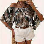 Women’s Off-Shoulder Printed Blouse with Relaxed Flowing Sleeves