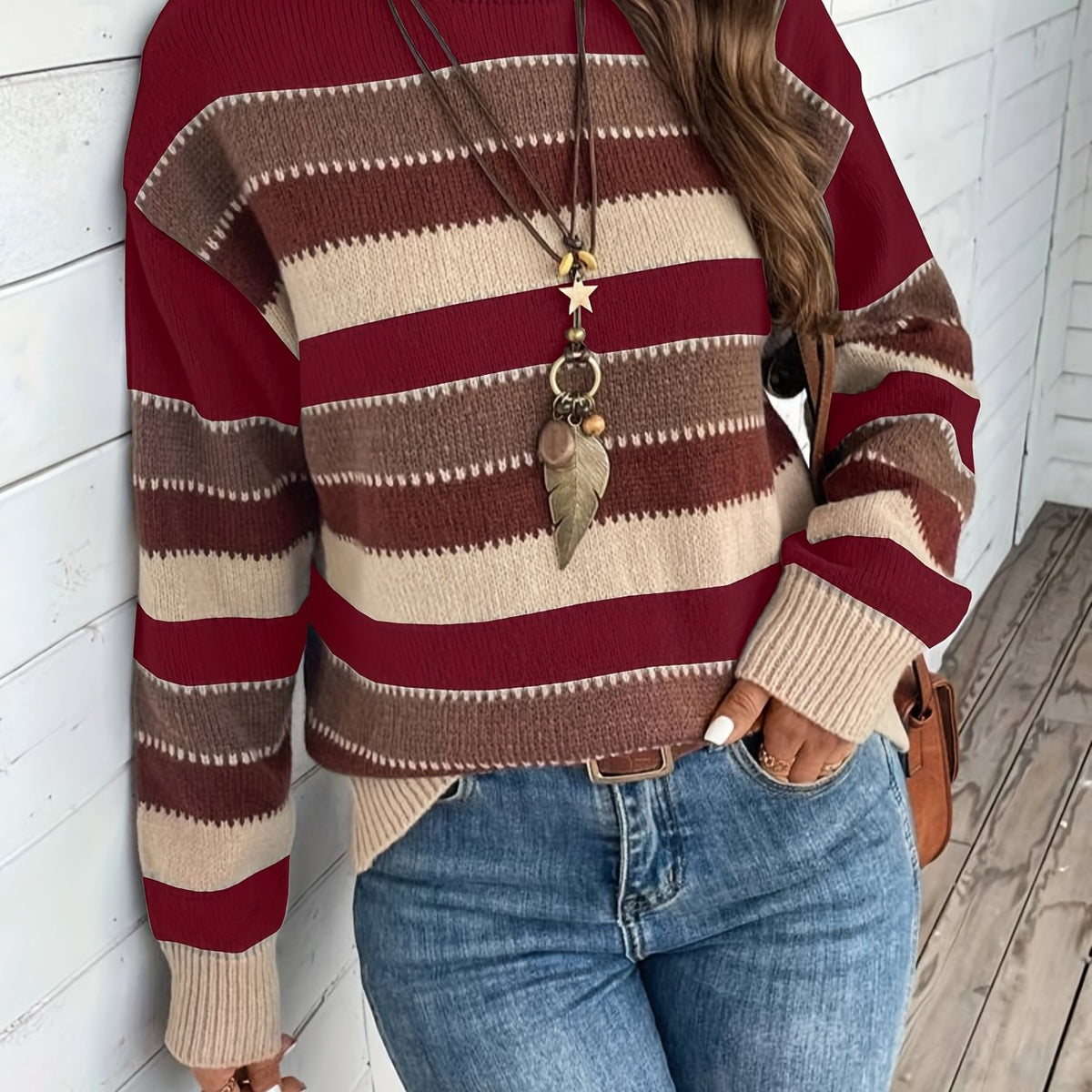 Pull à col rond rayé à empiècements colorés pour femme