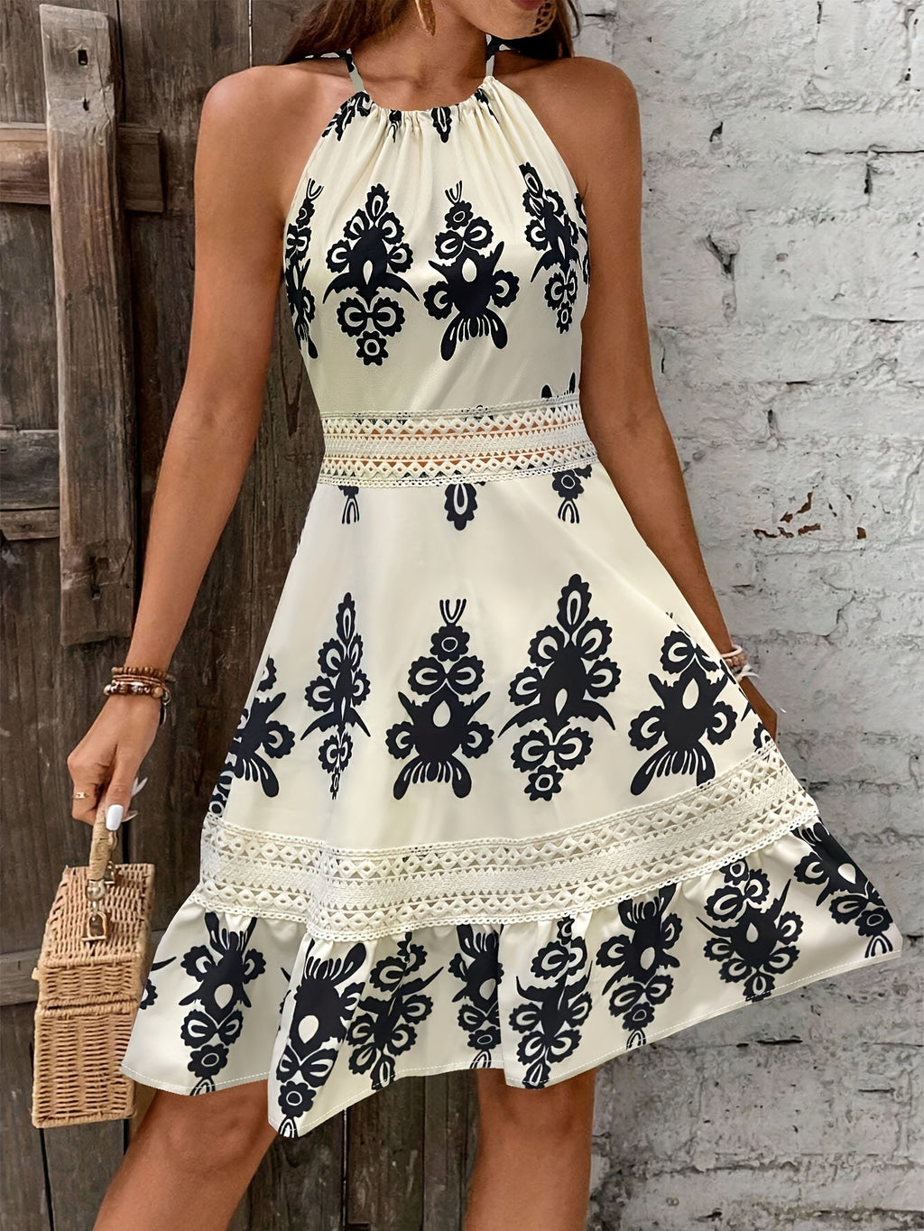 Women's Floral Lace Trim Halter Midi Dress