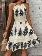 Women's Floral Lace Trim Halter Midi Dress