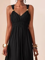 Women's Sleeveless Maxi Dress with V-Neck and Beaded Strap Details
