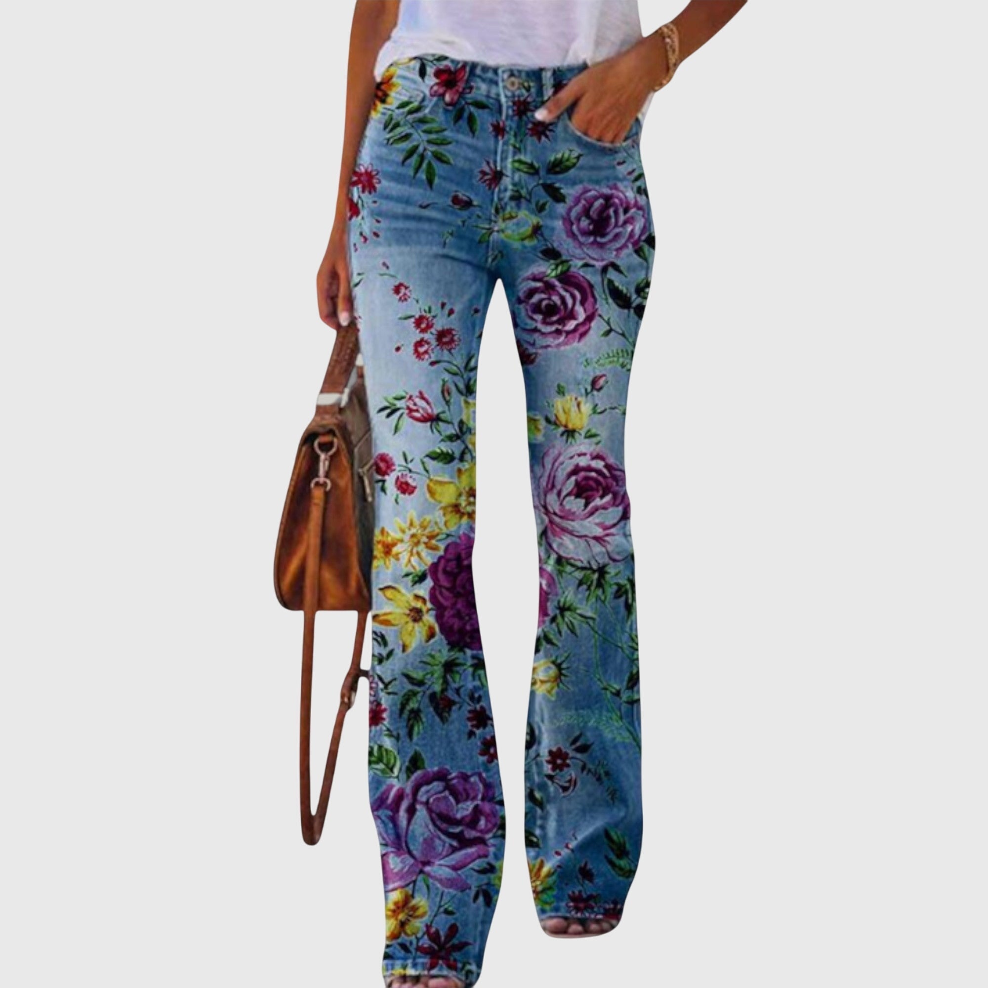 Jeans acampanados con estampado floral para mujer