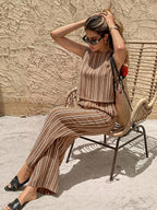 Damen Set aus gestreiftem ärmellosem Crop-Top und weitem Hosenbein