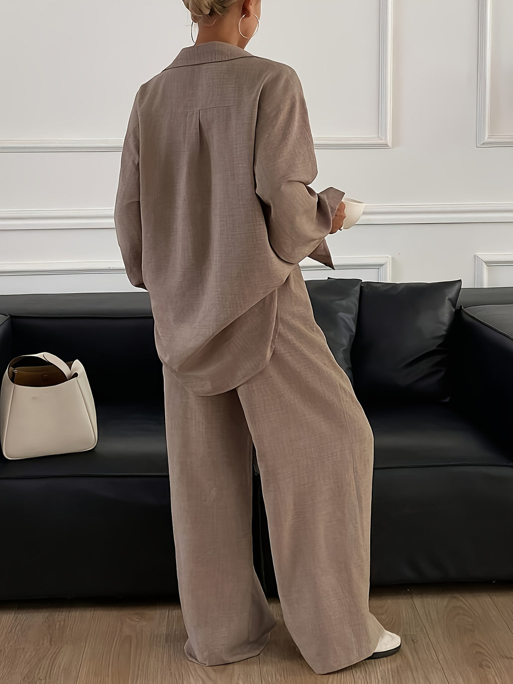 Women's Relaxed Button-Up Shirt and Wide Leg Pants Two-Piece Set