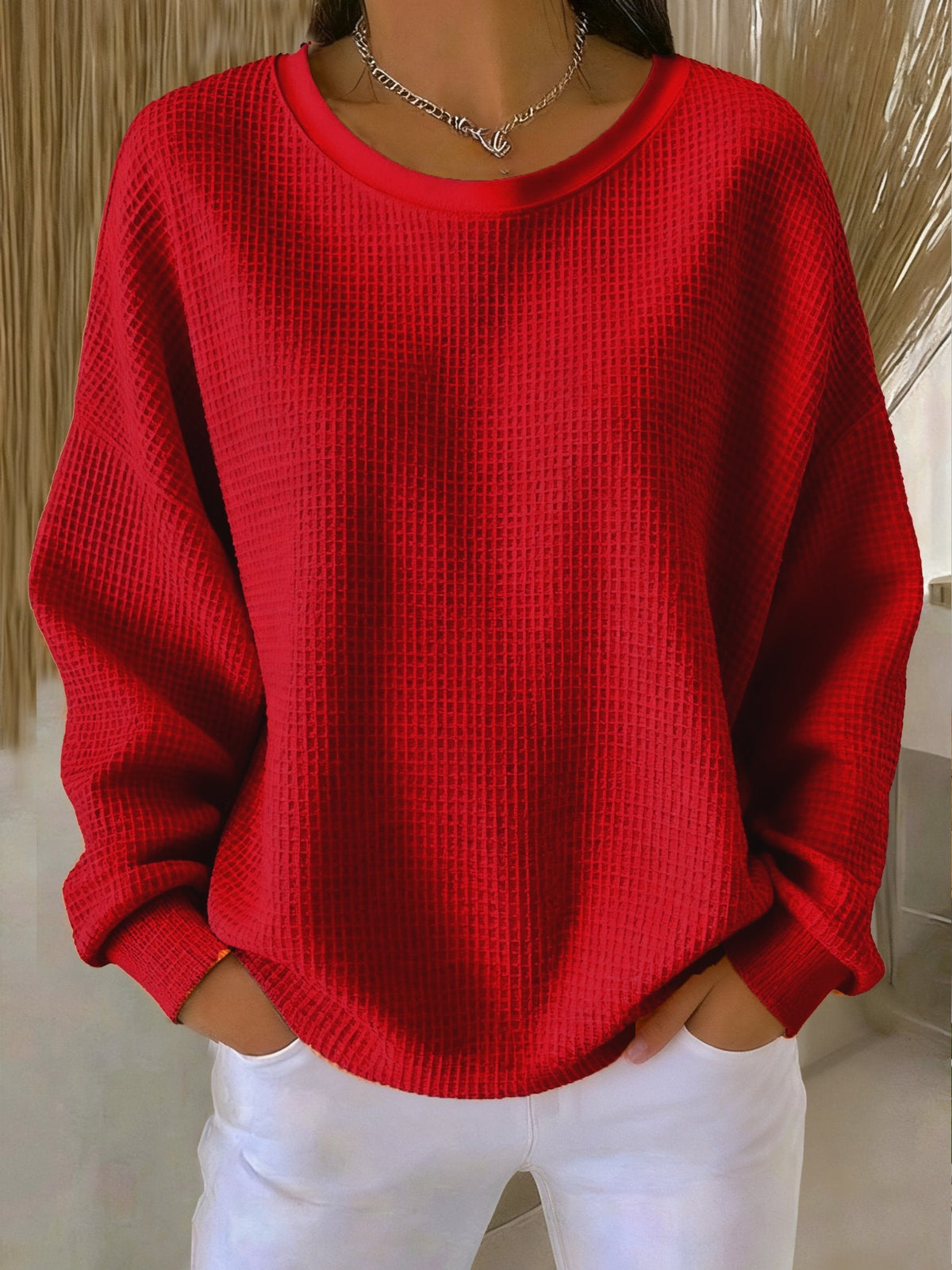 Women's Relaxed Crew Neck Pullover with Waffle Texture