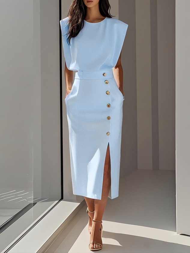Women's Elegant Button Detail Midi Dress