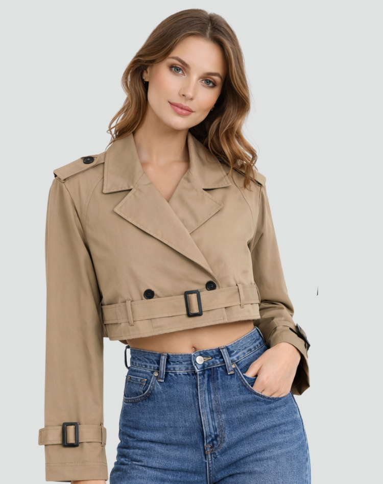 Women's Cropped Trench Jacket with Belted Waist and Tailored Fit