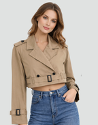 Women's Cropped Trench Jacket with Belted Waist and Tailored Fit