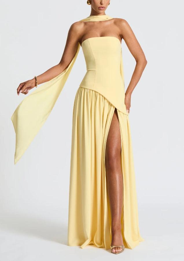 Damen elegantes Maxikleid mit trägerlosem Design und fließendem Chiffonrock