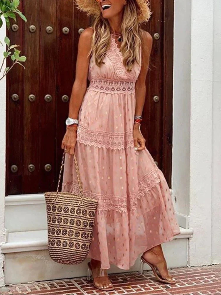 Women's Bohemian Maxi Dress with Embroidered Details and Flowing Fit for Summer Occasions