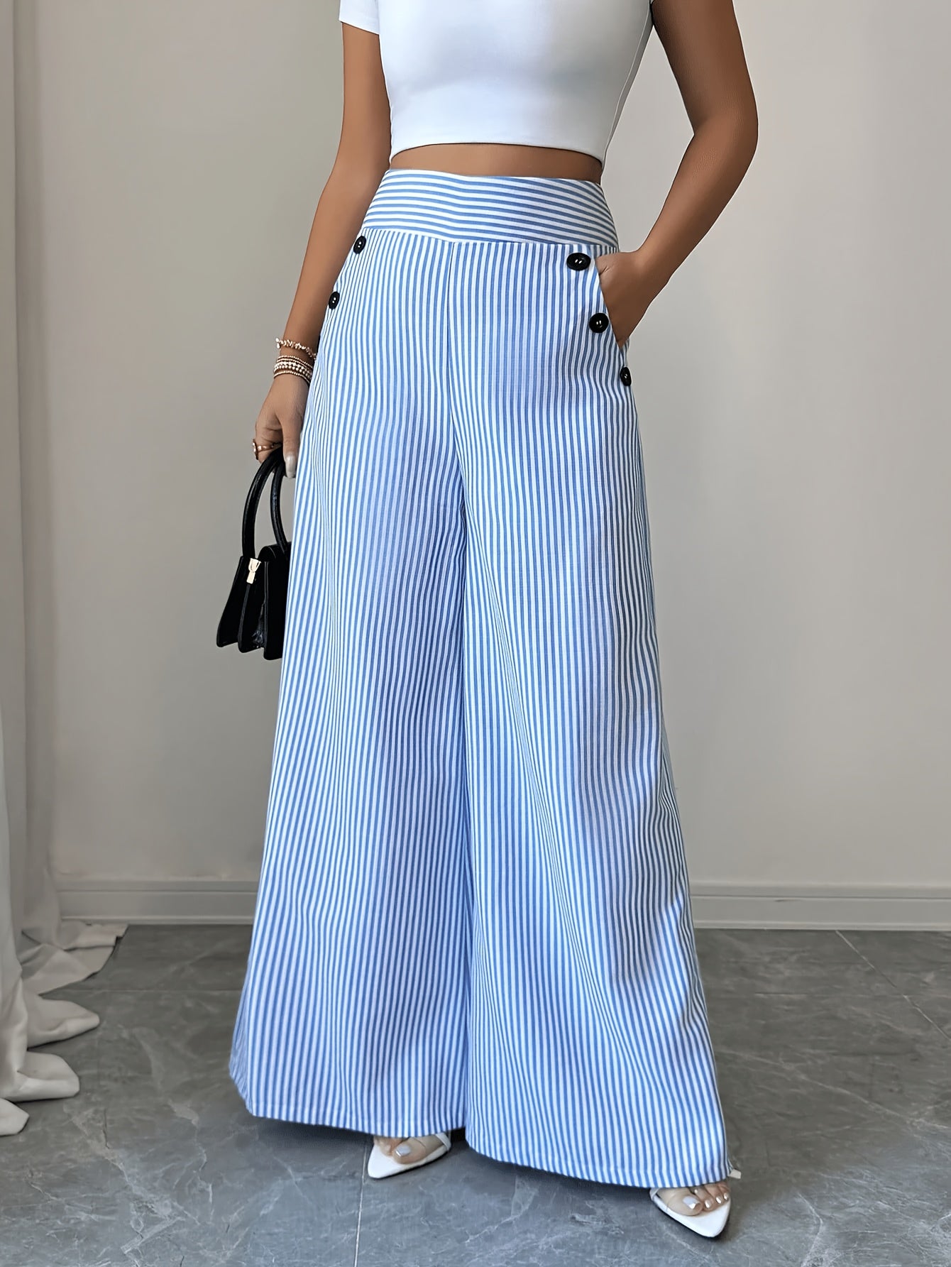 Pantalones de pierna ancha a rayas informales para mujer