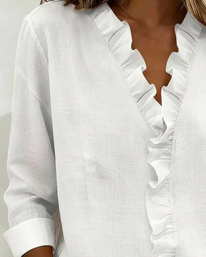 Women's Ruffle V-Neck Blouse with Long Sleeves for Elegant Everyday Wear