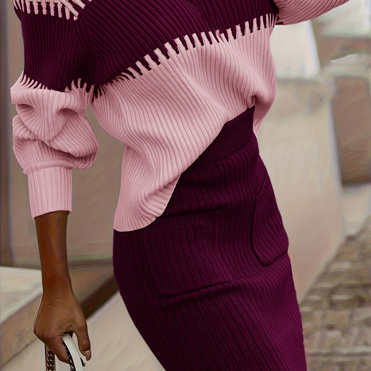 Ensemble pull en maille côtelée et jupe midi pour femme