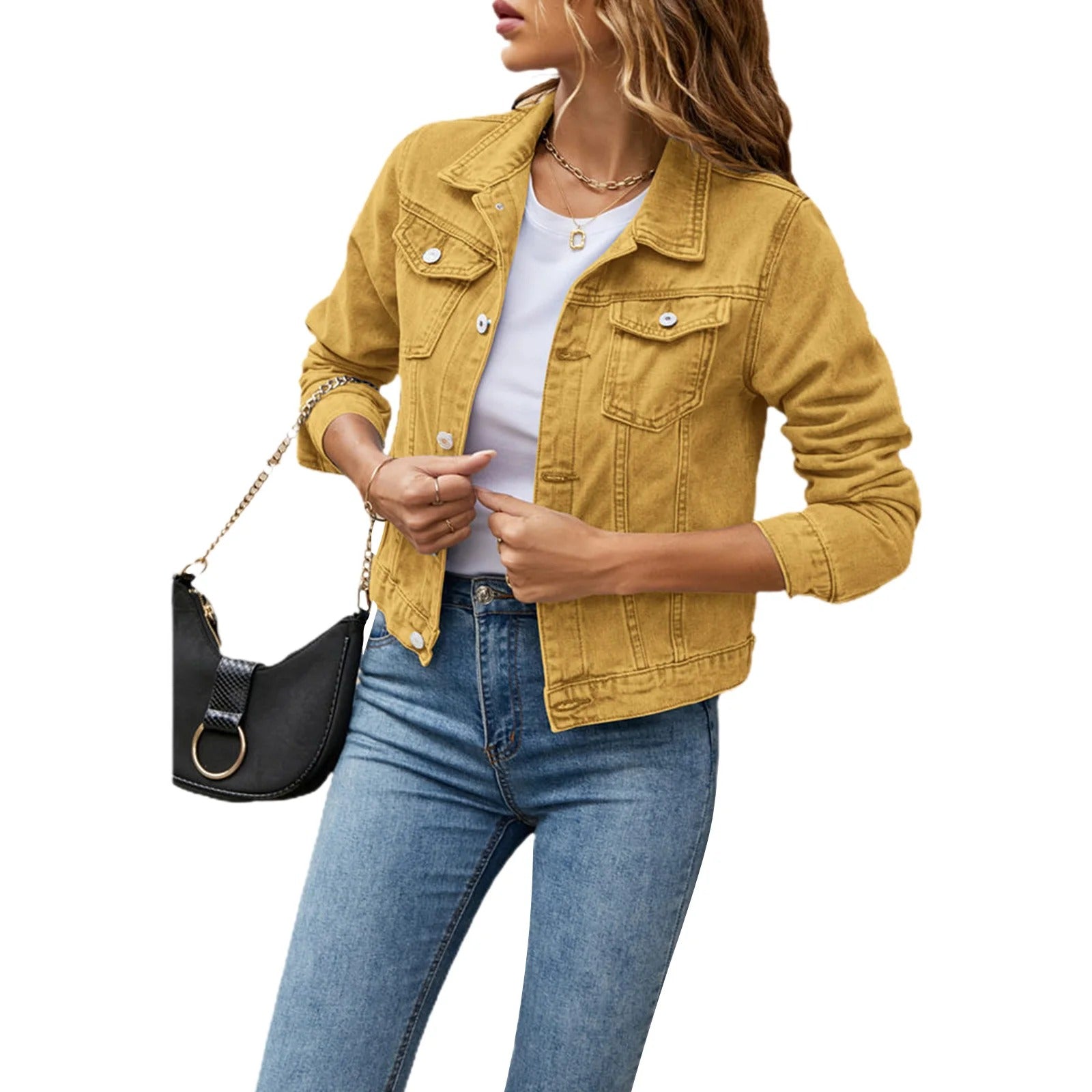 Veste en jean classique pour femme avec poches à rabat et fermeture boutonnée