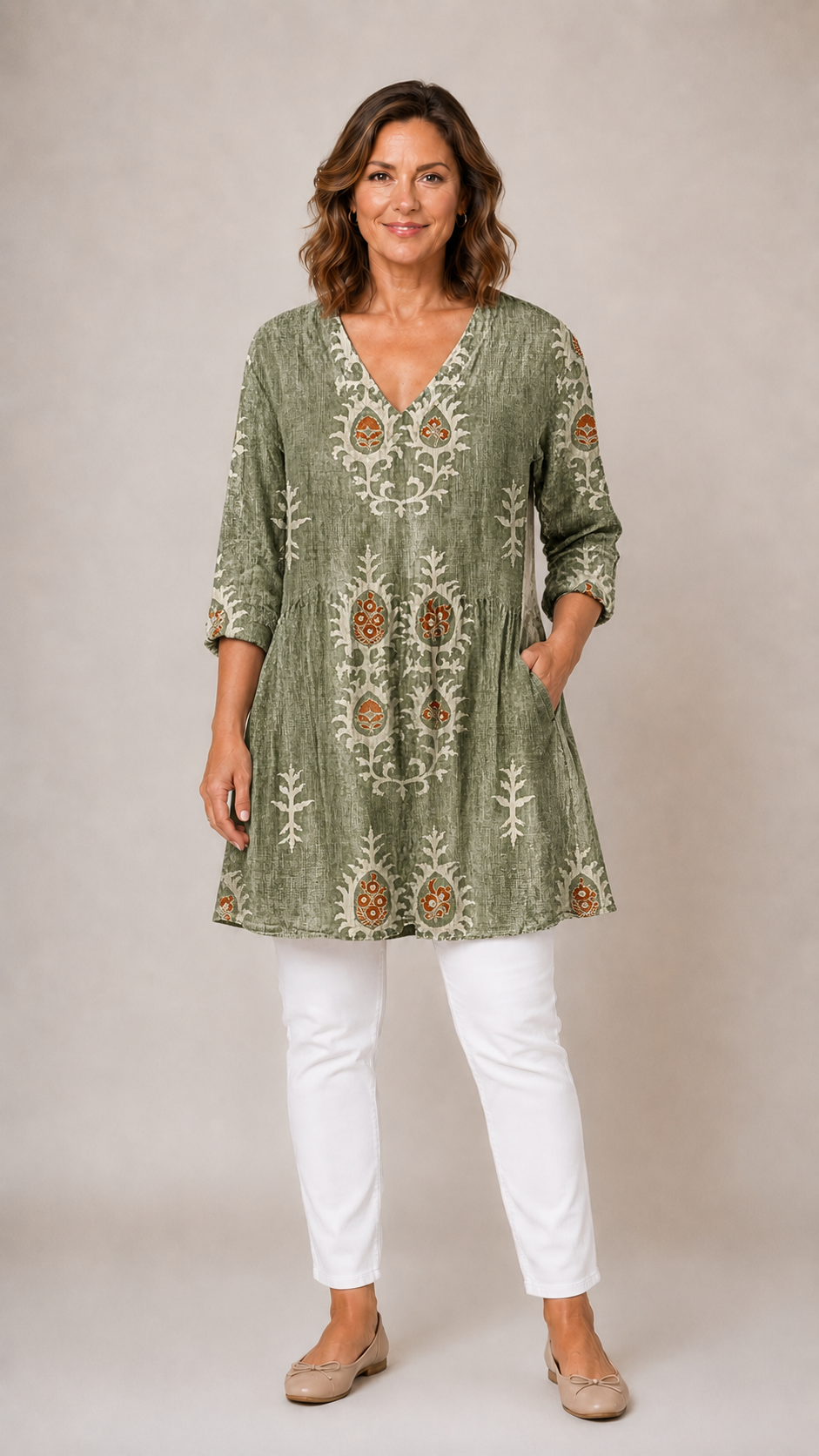 Bedrucktes Damen-Tunikashirt mit V-Ausschnitt