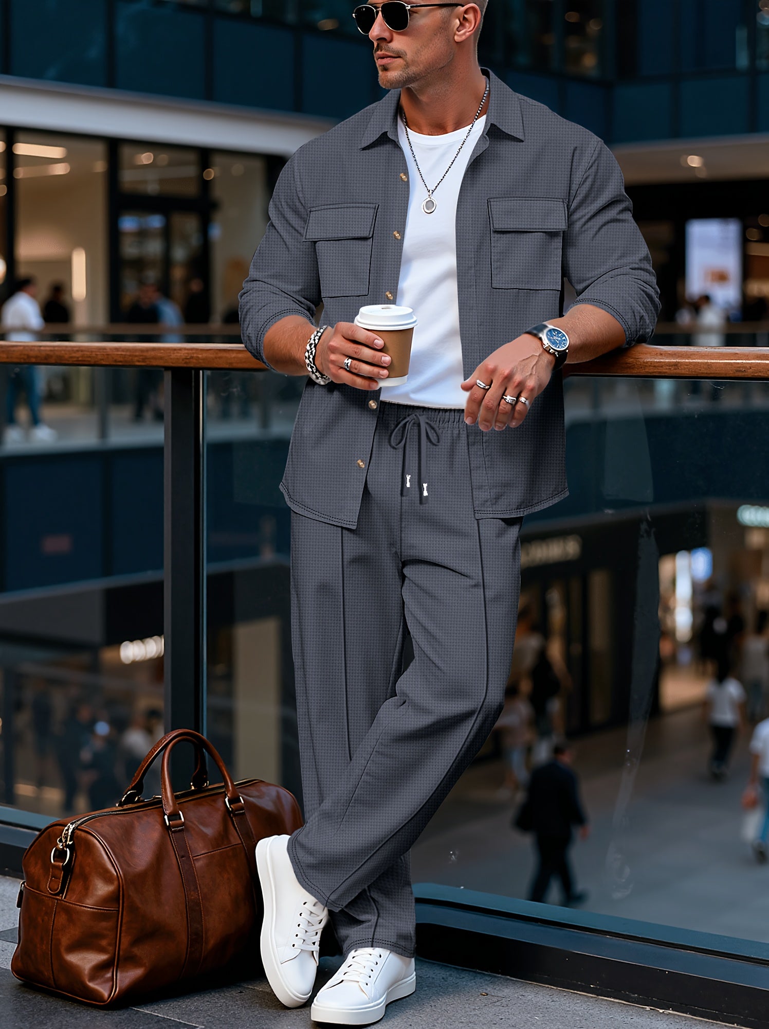Strukturiertes Overshirt- und Hosen-Set für Herren