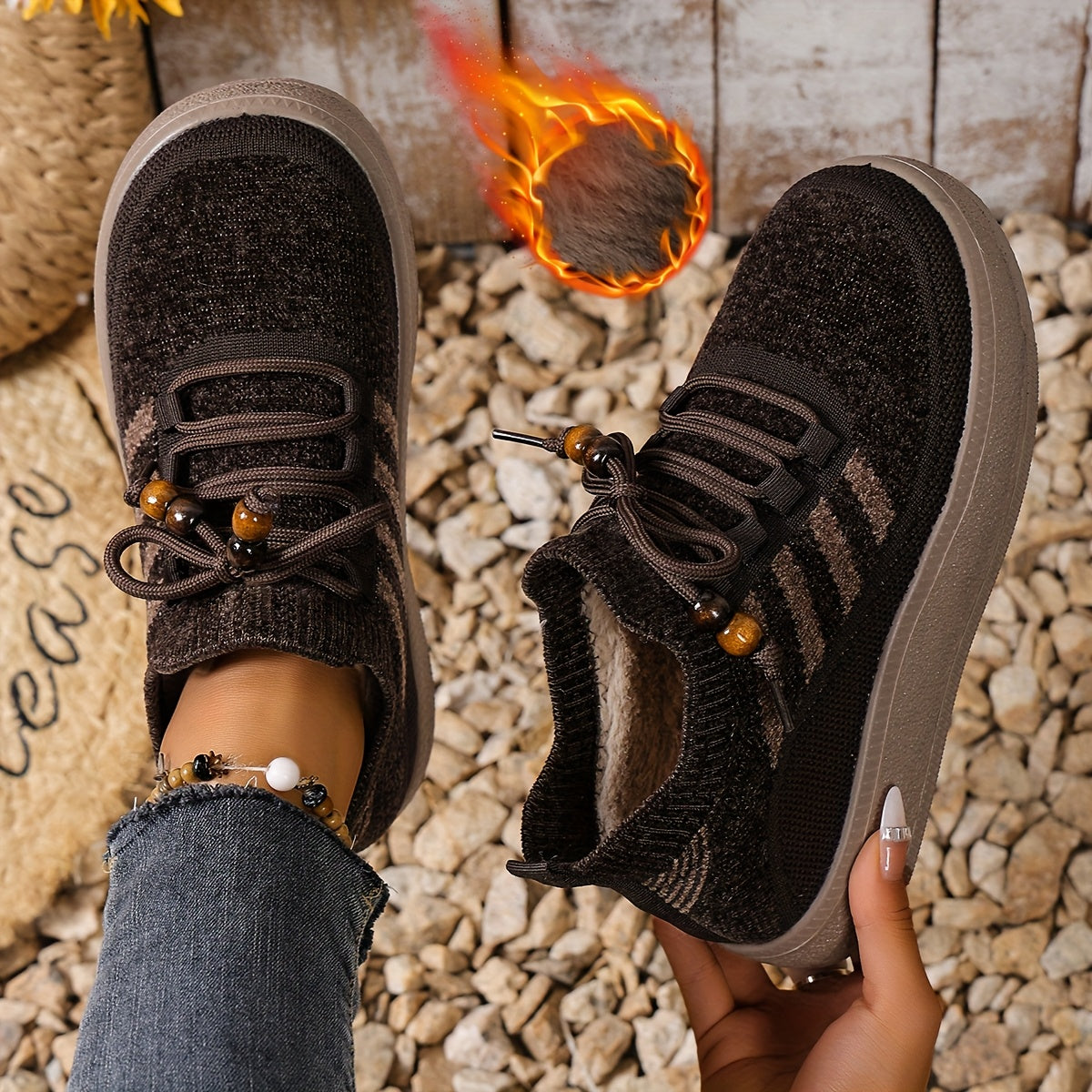Strikkede sneakers til kvinder med imiteret pelsfor