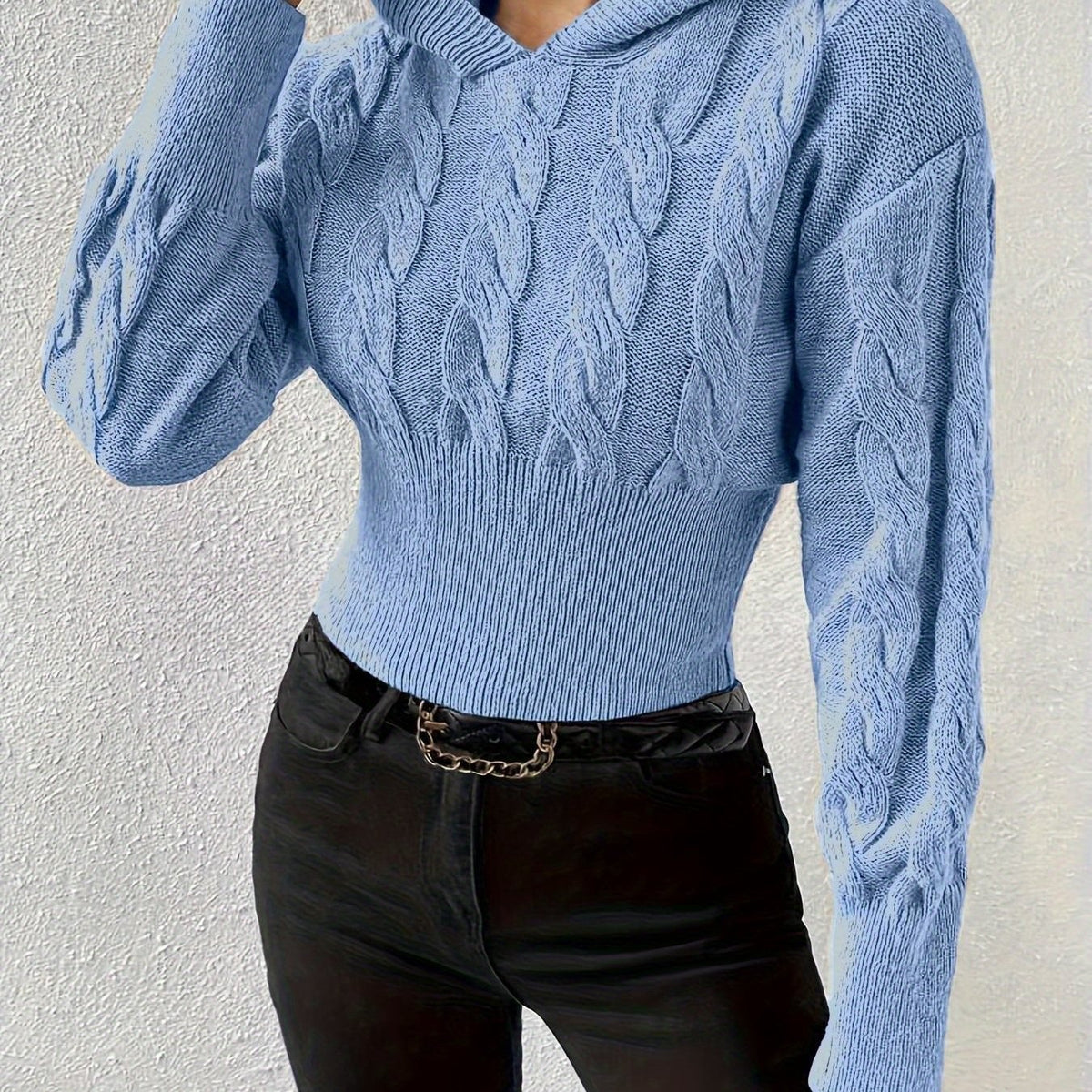Pull pour femme à capuche en maille torsadée avec bord-côte