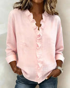 Women's Ruffle V-Neck Blouse with Long Sleeves for Elegant Everyday Wear