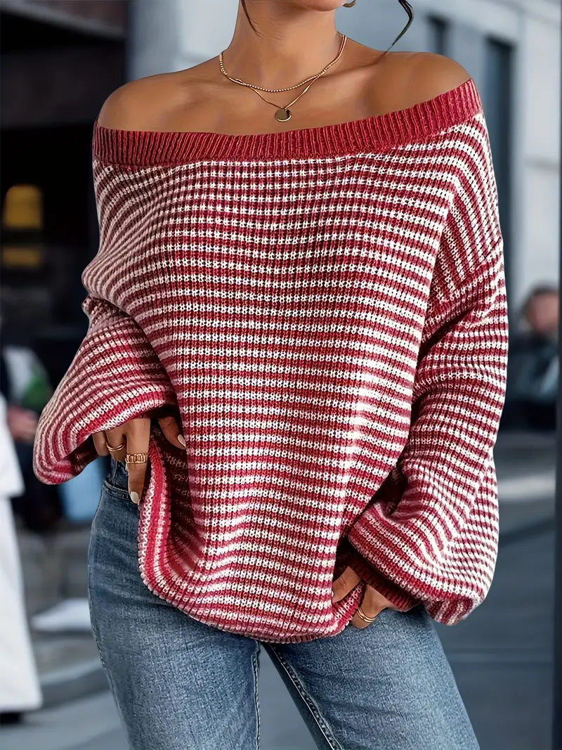 Women's Striped Boat Neck Sweater with Relaxed Fit