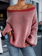 Women's Striped Boat Neck Sweater with Relaxed Fit