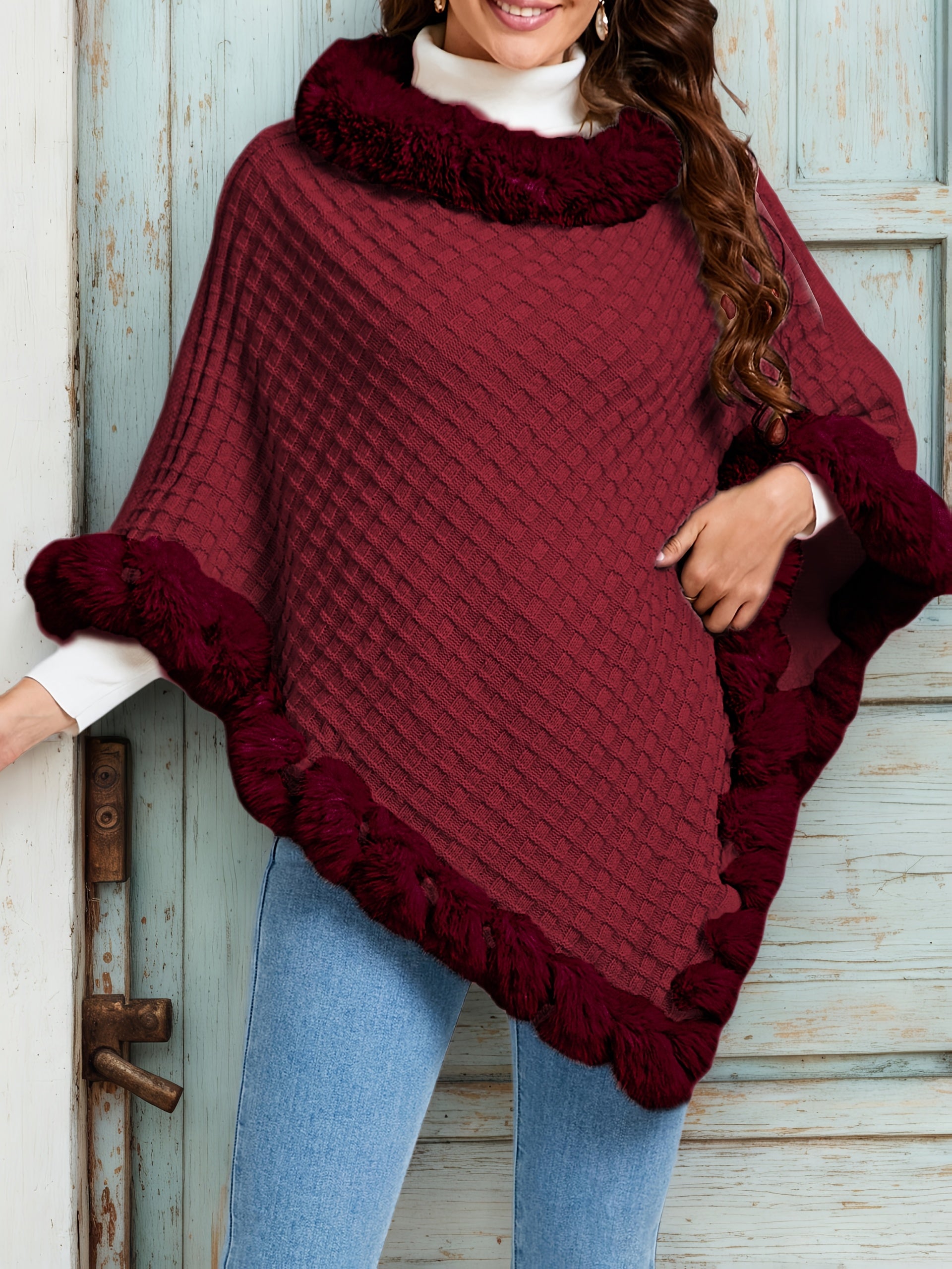 Women’s Faux-Fur Trim Knitted Poncho