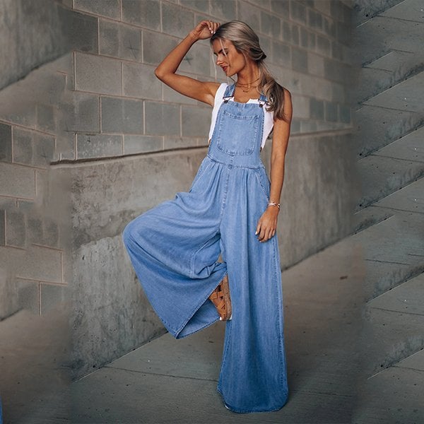 Damen Denim-Overall mit weitem Bein und verstellbarem Trägerdesign