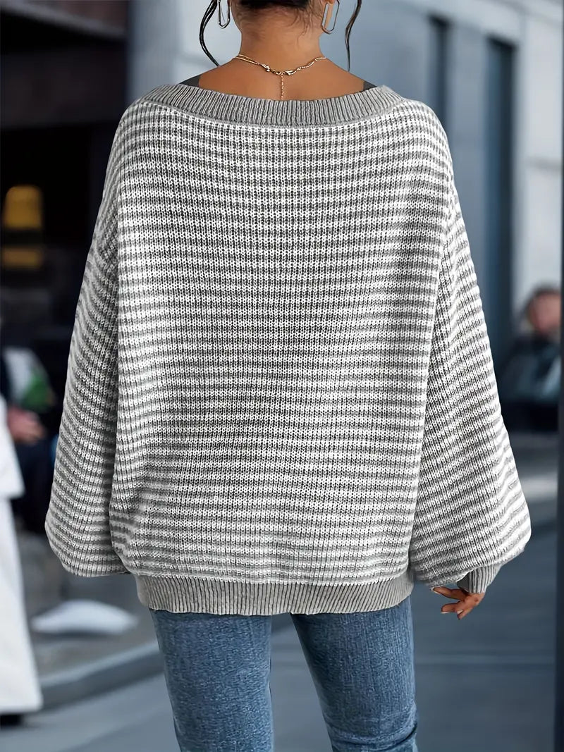 Women's Striped Boat Neck Sweater with Relaxed Fit