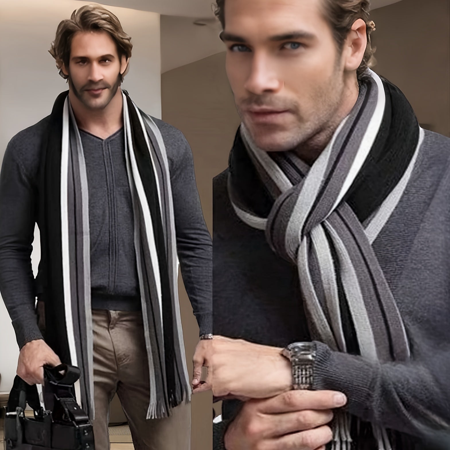 Men’s Striped Fringed Winter Scarf