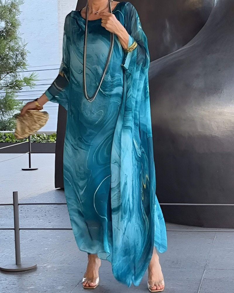 Women's Flowing Marble Print Kaftan Maxi Dress with Sheer Overlay
