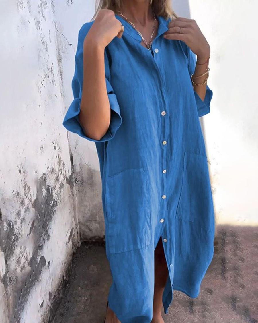 Women's Oversized Button-Front Midi Shirt Dress with Pockets