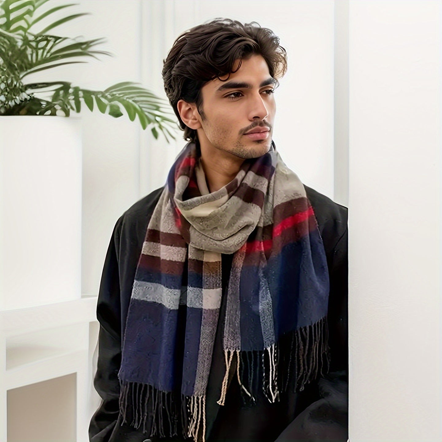Men's Classic Plaid Fringed Winter Scarf