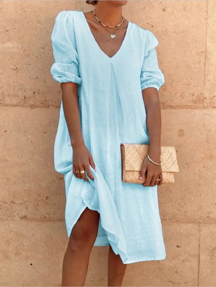 Women's Linen Blend Midi Dress with V-Neck and Relaxed Fit