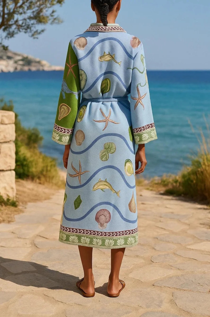 Damen Midikleid mit Ozean-Print, Taillengürtel und entspannter Passform