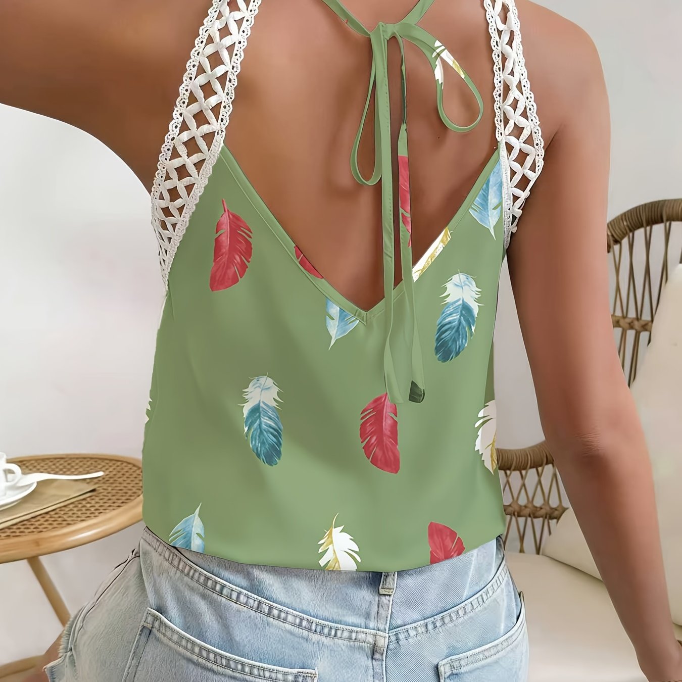 Women’s Feather Print Halter Top with Crochet Strap Detailing