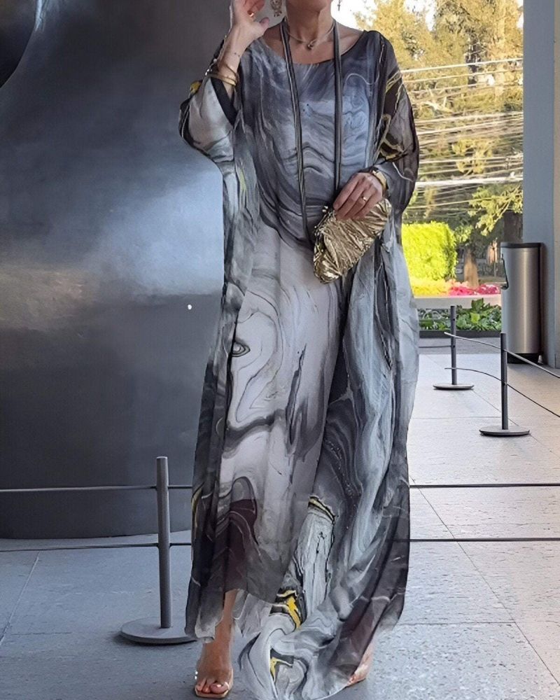 Women's Flowing Marble Print Kaftan Maxi Dress with Sheer Overlay