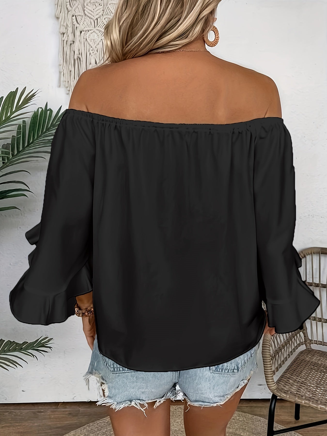 Women's Off-Shoulder Tie Front Ruffle Sleeve Blouse