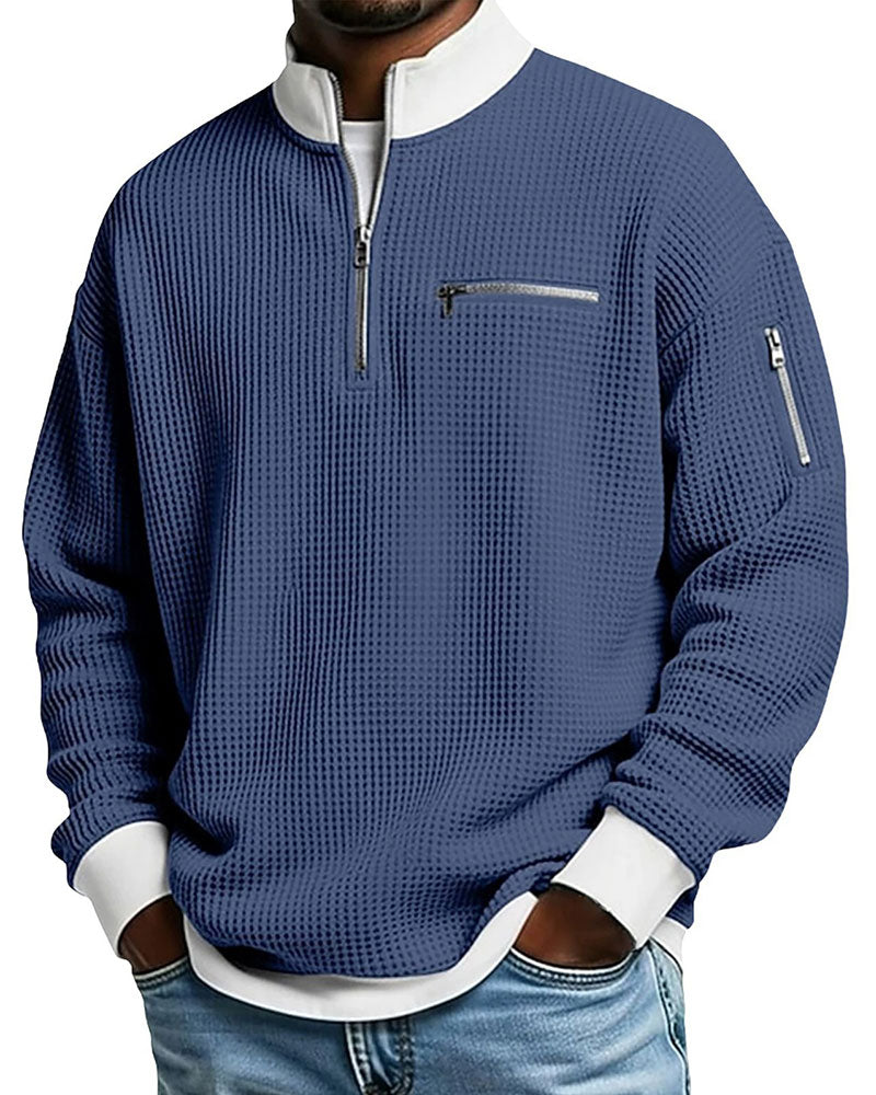 Pullover da uomo con texture waffle e cerniera a un quarto
