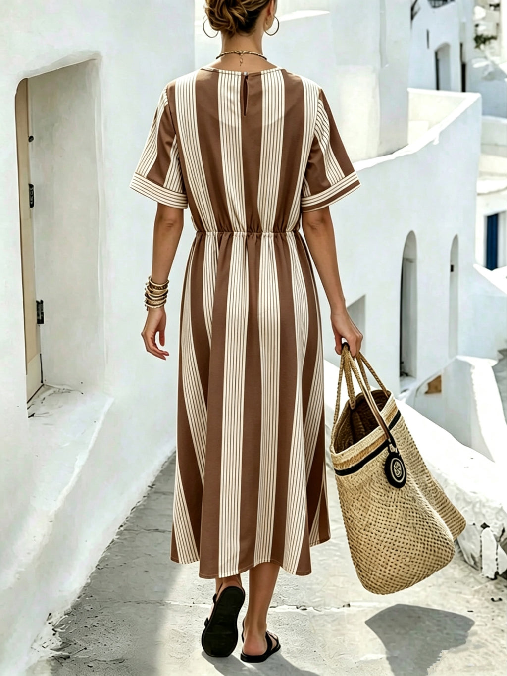 Women's Striped Midi Dress with Waist Detail and Short Sleeves