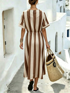 Women's Striped Midi Dress with Waist Detail and Short Sleeves