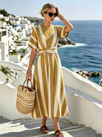 Women's Striped Midi Dress with Waist Detail and Short Sleeves