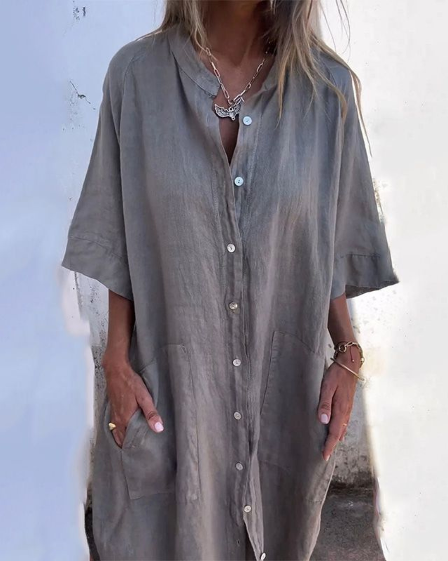 Women's Oversized Button-Front Midi Shirt Dress with Pockets