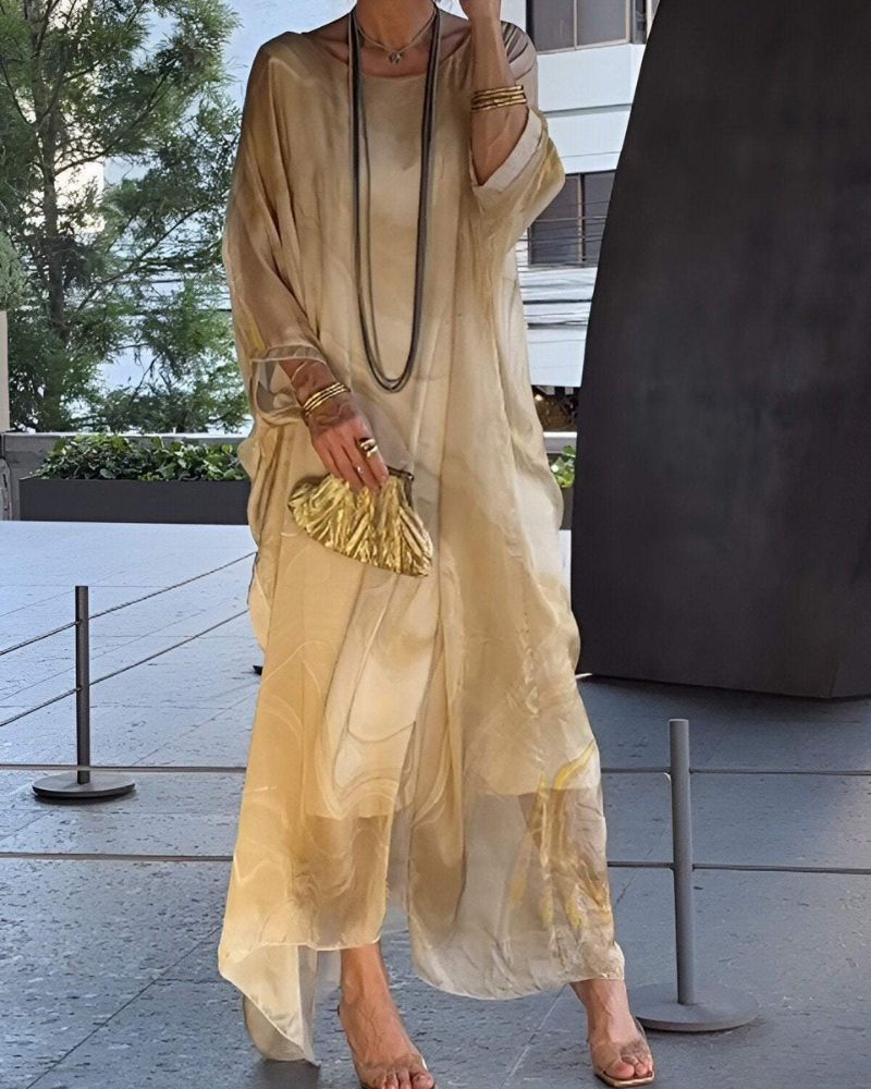 Women's Flowing Marble Print Kaftan Maxi Dress with Sheer Overlay
