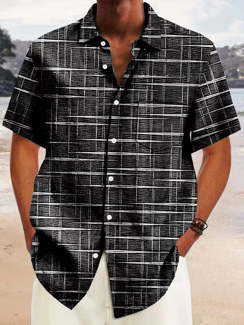 Chemise décontractée à manches courtes pour homme avec motif quadrillé texturé et boutons