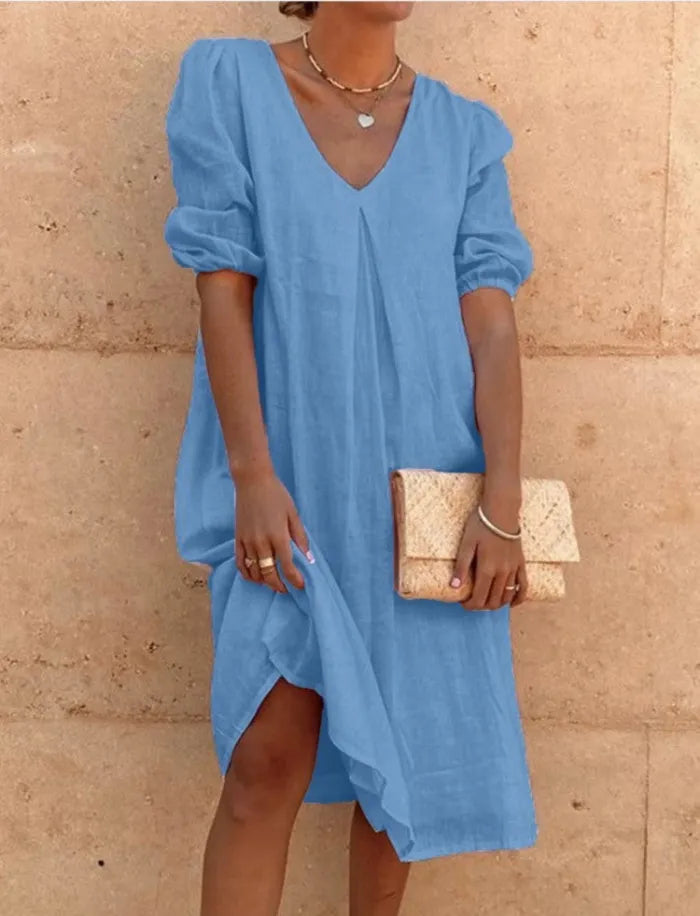 Women's Linen Blend Midi Dress with V-Neck and Relaxed Fit