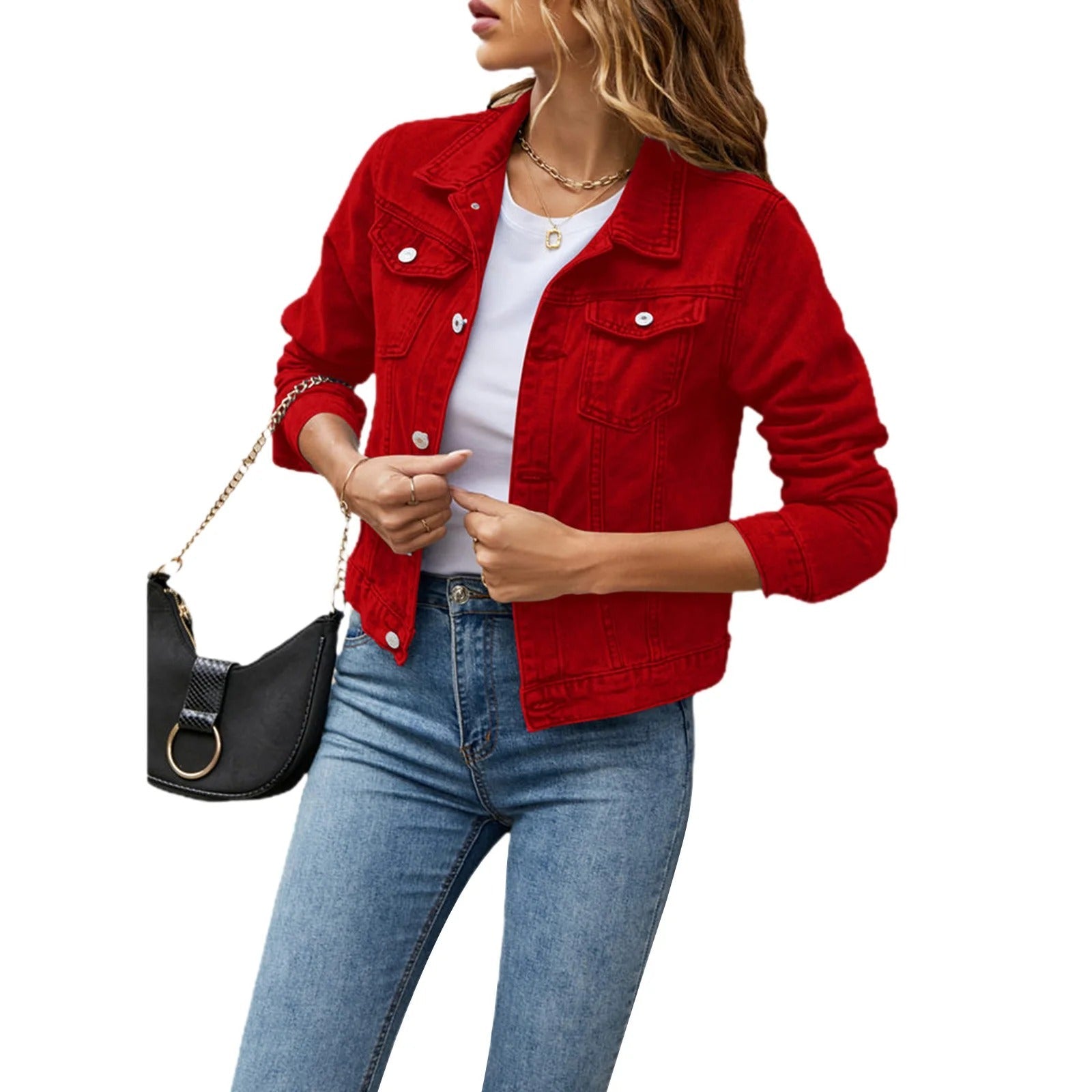 Veste en jean classique pour femme avec poches à rabat et fermeture boutonnée